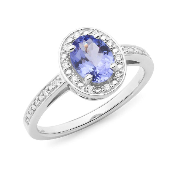 Tanzanite & Diamond Bead Set Halo Ring 9ct White Gold