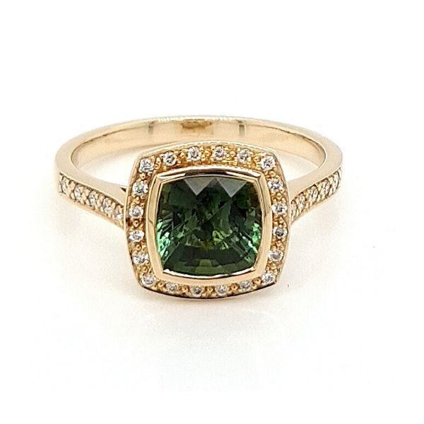 Cushion Cut Green Tourmaline & Diamond Halo 9ct Yellow Gold