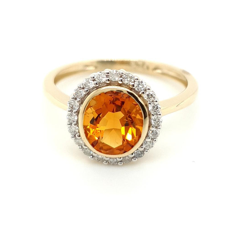 Citrine and Diamond Halo Ring 9ct Yellow Gold