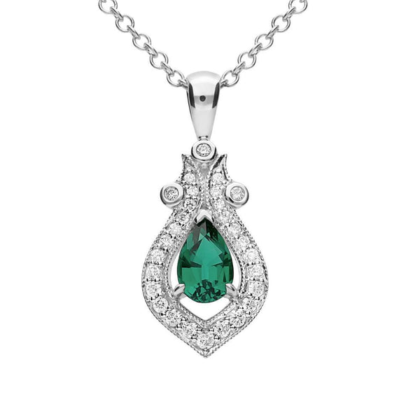 Created Emerald & Diamond Pendant 9ct White Gold