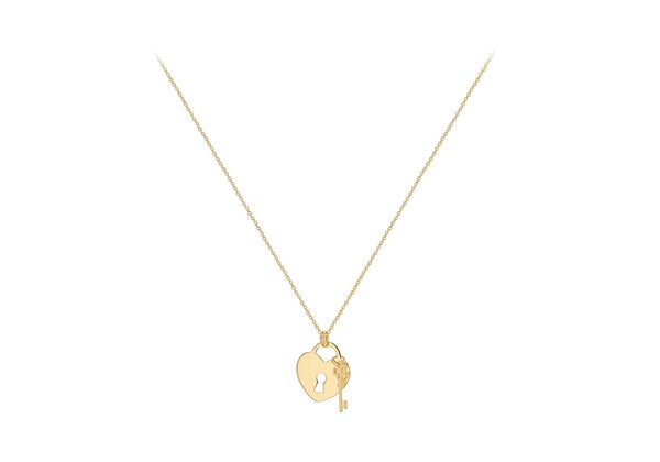 9ct Yellow Gold Solid Padlock & Key Necklace 41-43cm