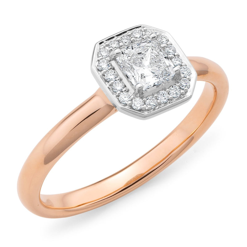 0.49ct Princess Cut Diamond Claw/Bead Set Halo Engagement Ring in 18ct Rose & White Gold