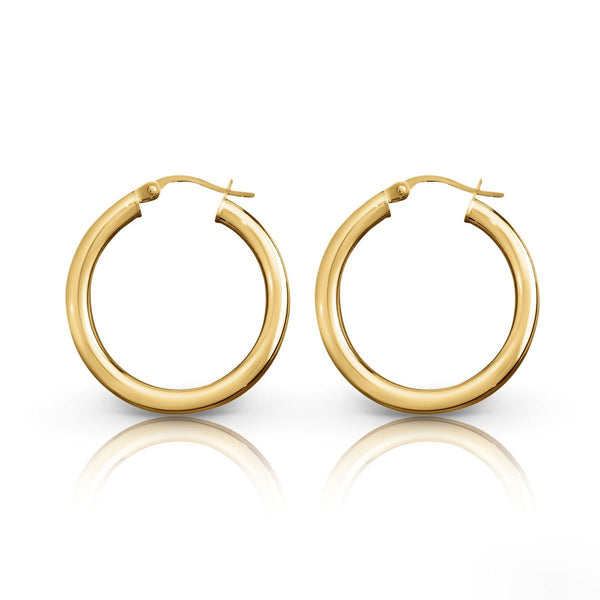 9ct Yellow Gold 50mm Plain 3mm Round Tube Hoop Earrings