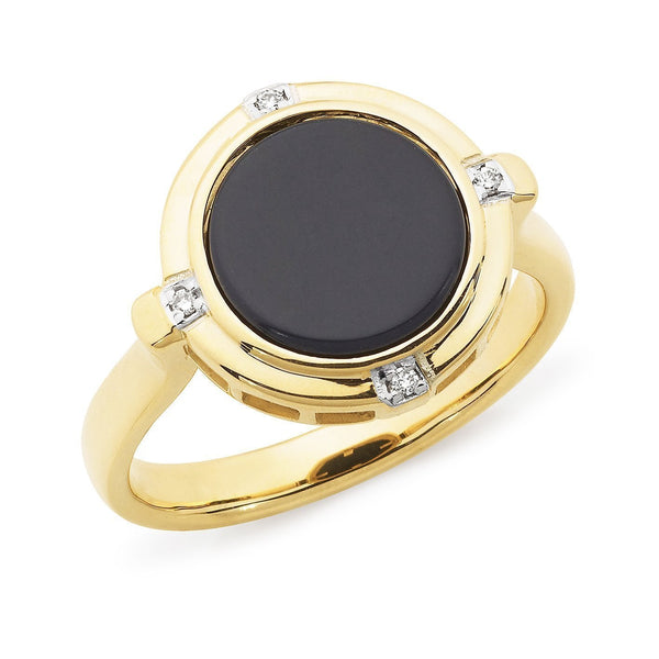 Onyx & Diamond Bezel/Bead Set Dress Ring in 9ct Yellow Gold