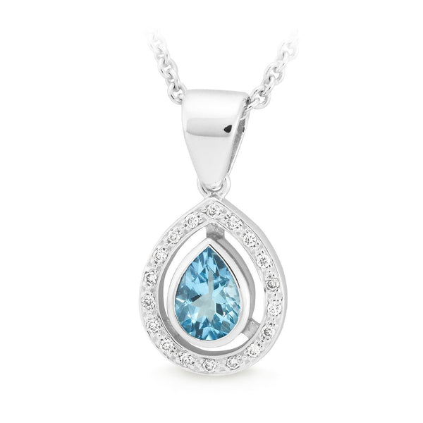 Aquamarine & Diamond Bezel/Bead Set Pendant in 9ct White Gold