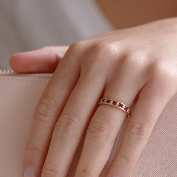 Ruby Band Ring with 0.1ct Diamonds in 9K Yellow Gold